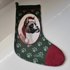 Linda Picken Christmas Holiday Stocking Dog Boxer in  Santa Hat 12x20” Vintage